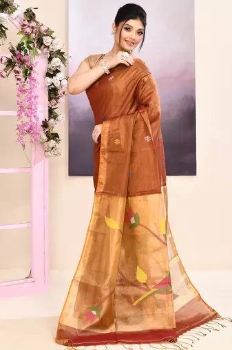 Women's brown embellished tissue jamdani saree