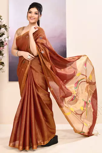 Women's brown embellished tissue jamdani saree
