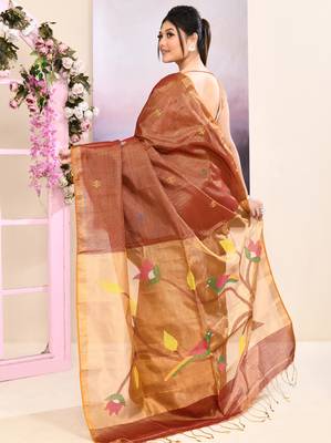 Women's brown embellished tissue jamdani saree 4