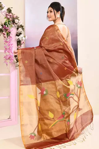 Women's brown embellished tissue jamdani saree