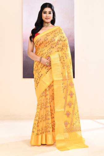 Women's yellow embellished cotton blend printed saree