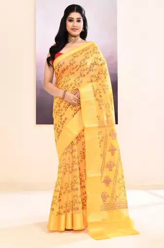 Women's yellow embellished cotton blend printed saree