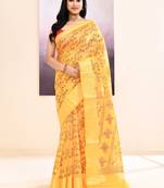 Women's yellow embellished cotton blend printed saree