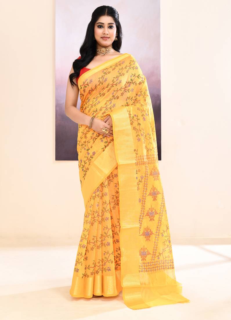 Women's yellow embellished cotton blend printed saree