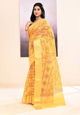 Women's yellow embellished cotton blend printed saree 2