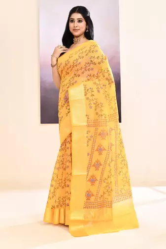 Women's yellow embellished cotton blend printed saree