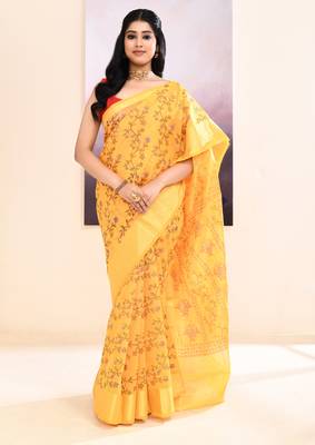 Women's yellow embellished cotton blend printed saree 3