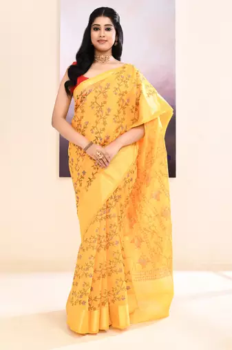 Women's yellow embellished cotton blend printed saree