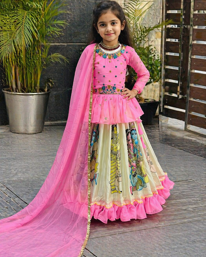 New Kediya Style Georgette Embroidery Work Pink Readymade Lehenga Choli