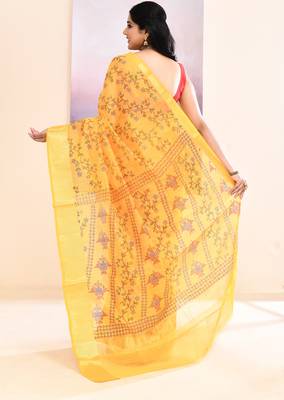Women's yellow embellished cotton blend printed saree 4