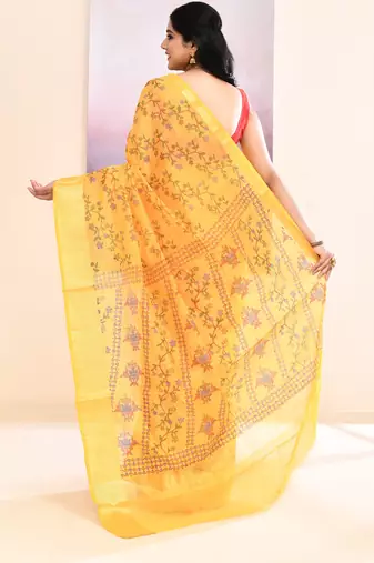 Women's yellow embellished cotton blend printed saree