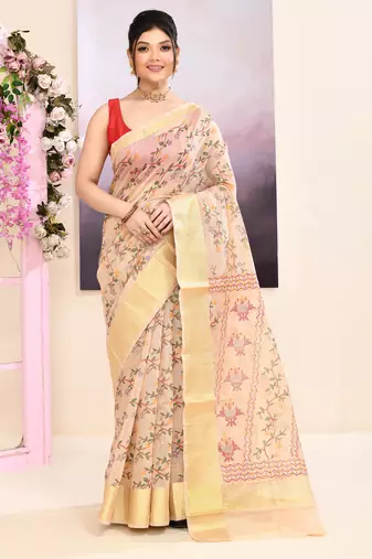 Women's baige embellished cotton blend printed saree