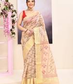 Women's baige embellished cotton blend printed saree