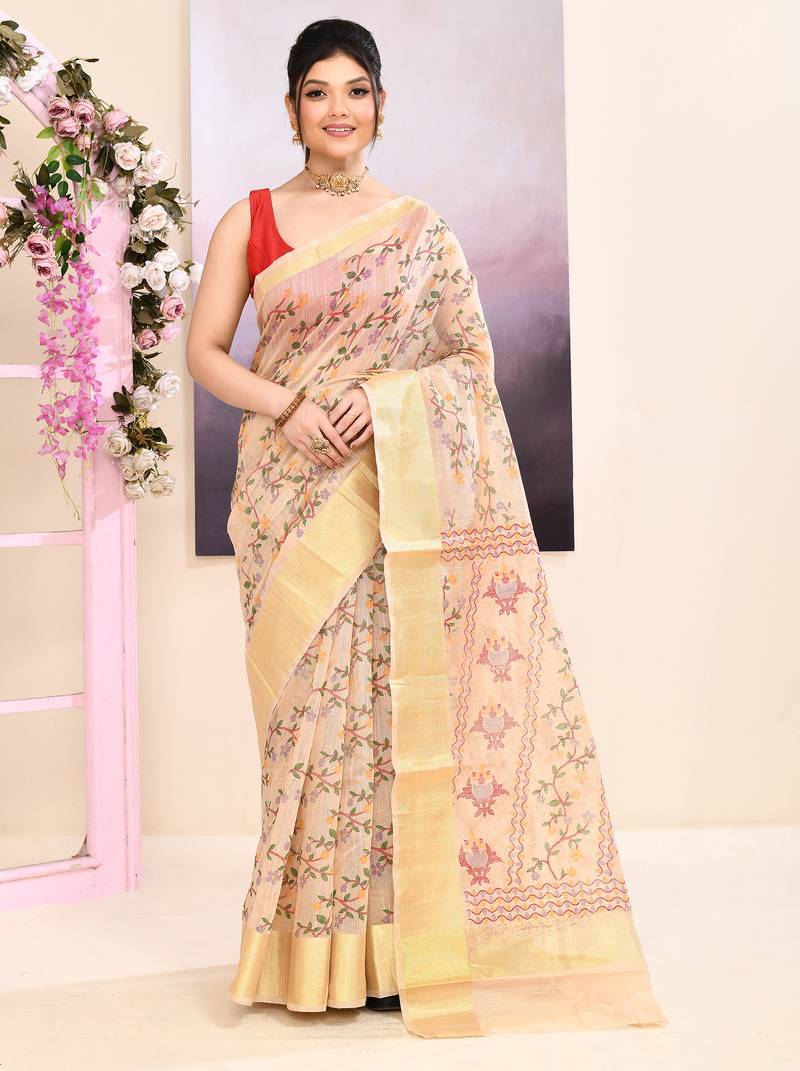Women's baige embellished cotton blend printed saree