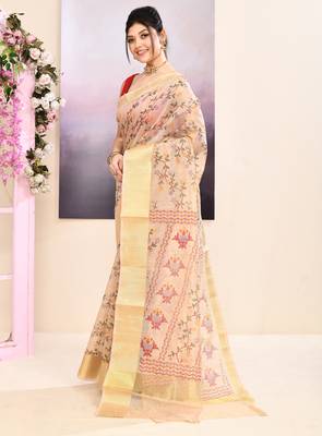Women's baige embellished cotton blend printed saree 2