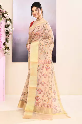 Women's baige embellished cotton blend printed saree