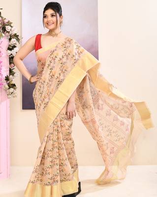 Women's baige embellished cotton blend printed saree 3