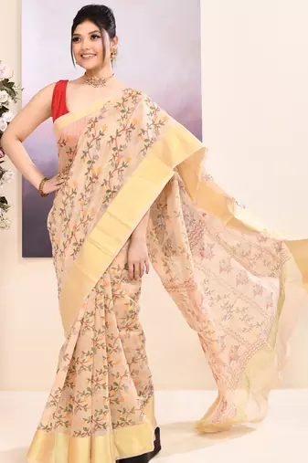 Women's baige embellished cotton blend printed saree