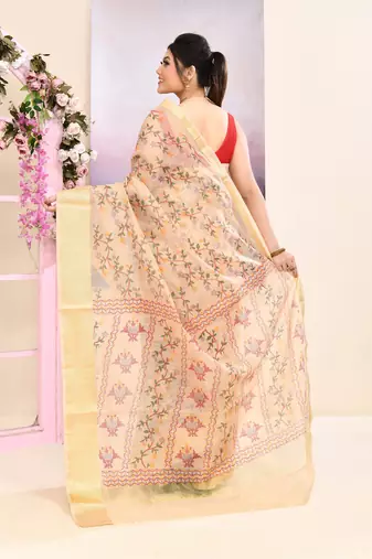 Women's baige embellished cotton blend printed saree