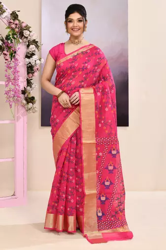 Women's pink embellished cotton blend printed saree