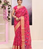 Women's pink embellished cotton blend printed saree