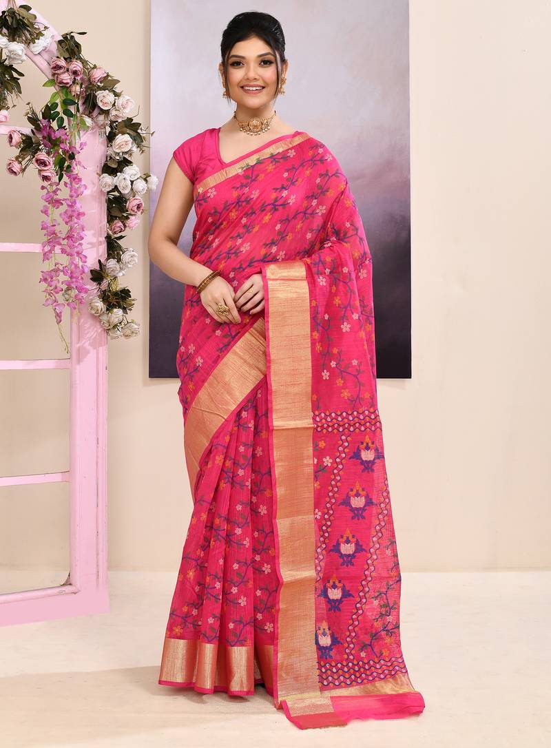 Women's pink embellished cotton blend printed saree