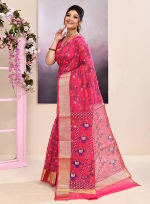 Women's pink embellished cotton blend printed saree 2