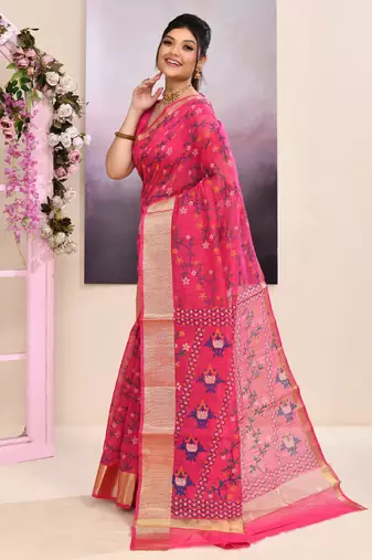 Women's pink embellished cotton blend printed saree