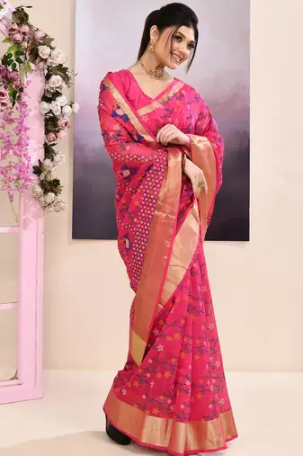 Women's pink embellished cotton blend printed saree