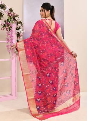 Women's pink embellished cotton blend printed saree 4