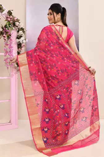 Women's pink embellished cotton blend printed saree