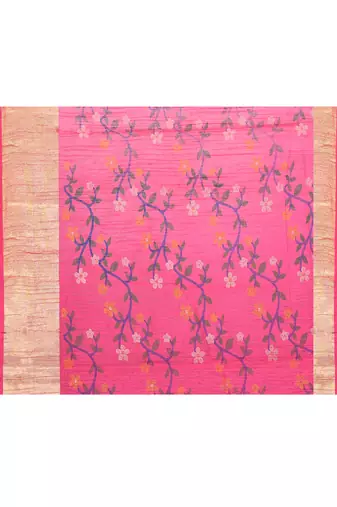 Women's pink embellished cotton blend printed saree
