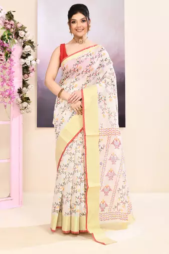 Women's white embellished cotton blend printed saree