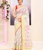 Women's white embellished cotton blend printed saree