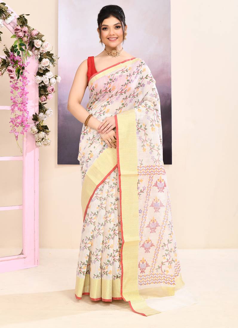 Women's white embellished cotton blend printed saree