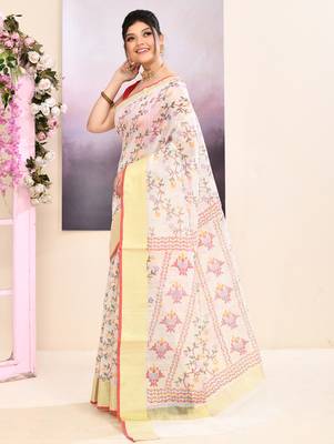 Women's white embellished cotton blend printed saree 2