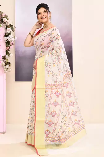 Women's white embellished cotton blend printed saree