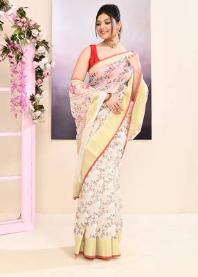 Women's white embellished cotton blend printed saree 3