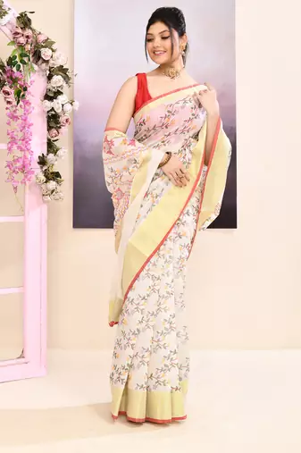 Women's white embellished cotton blend printed saree