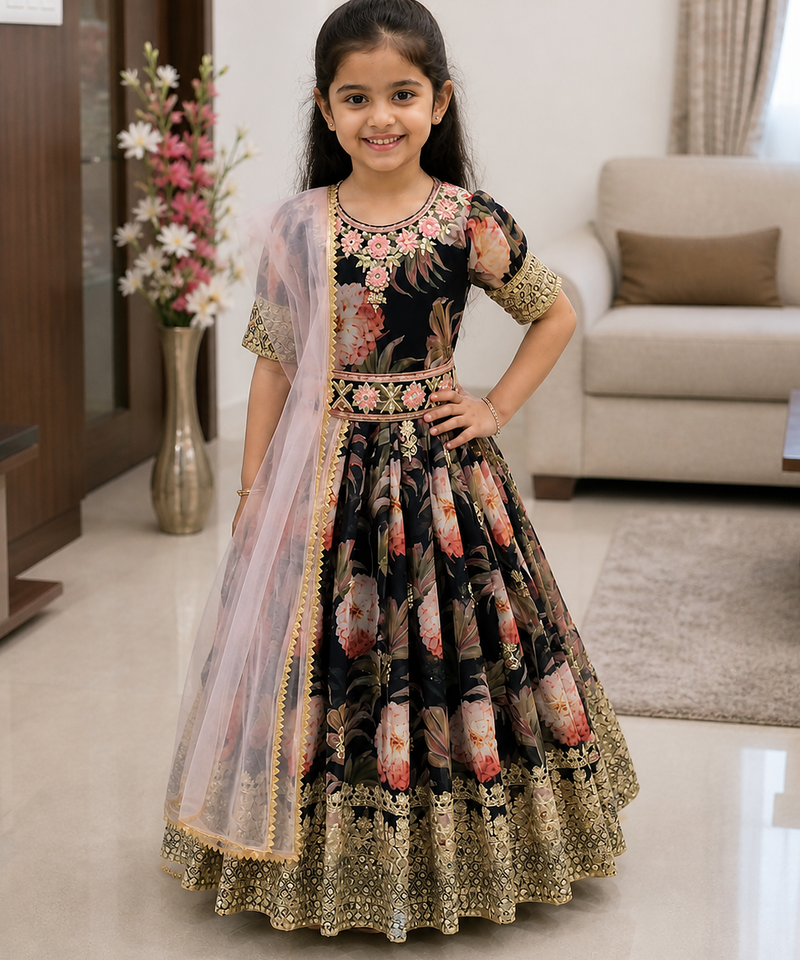 Black digital print gown with Embroidered Sequins 