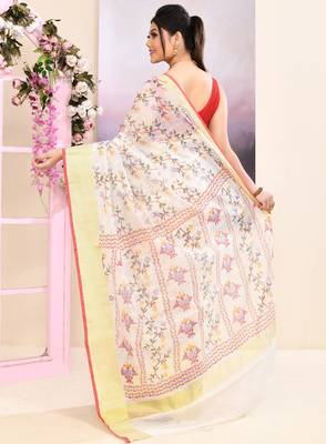 Women's white embellished cotton blend printed saree 4