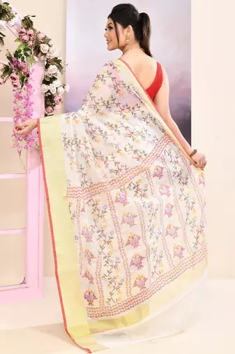 Women's white embellished cotton blend printed saree