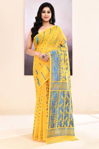 Women's yellow embellished cotton blend jamdani saree
