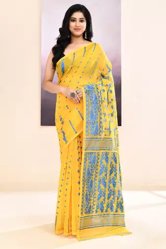 Women's yellow embellished cotton blend jamdani saree