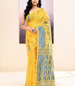 Women's yellow embellished cotton blend jamdani saree