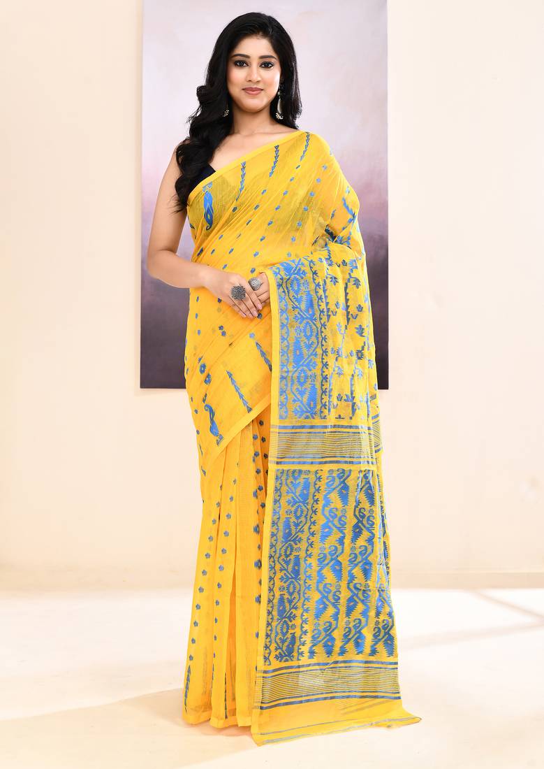 Women's yellow embellished cotton blend jamdani saree