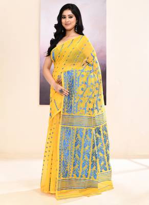 Women's yellow embellished cotton blend jamdani saree 2
