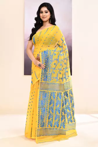 Women's yellow embellished cotton blend jamdani saree