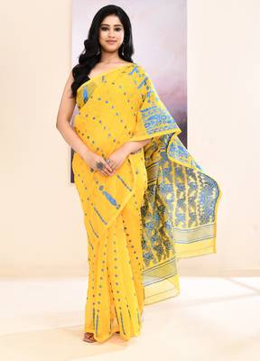 Women's yellow embellished cotton blend jamdani saree 3