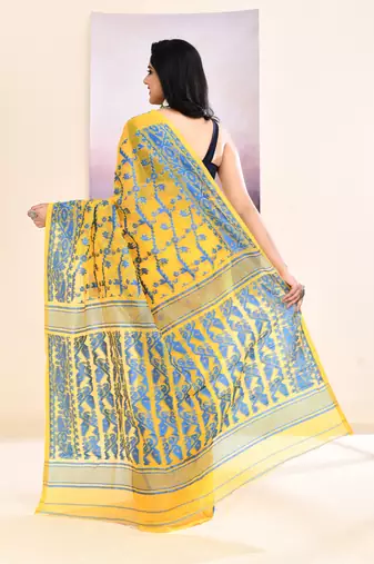Women's yellow embellished cotton blend jamdani saree
